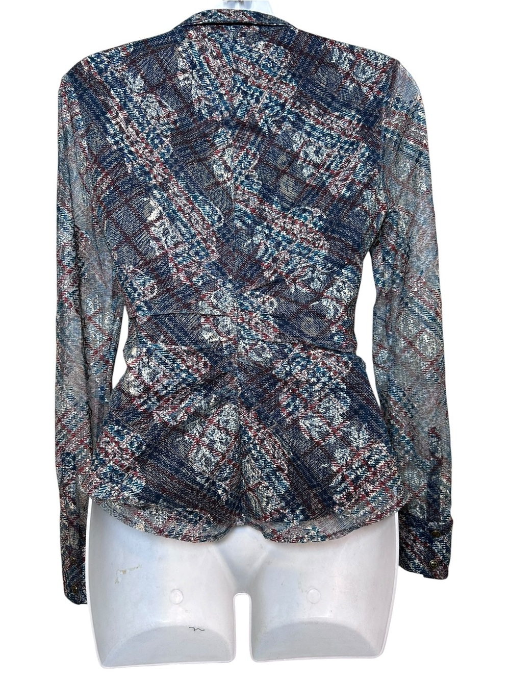 Ramy Brook Hamilton plaid ruched button front top size XS 70s disco sheer mesh - Picture 3 of 11